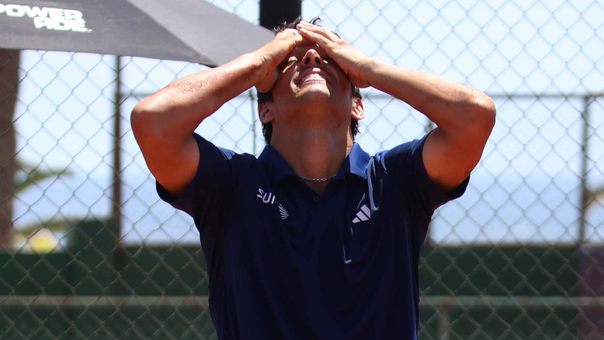 <a href='https://www.atptour.com/en/players/cristian-garin/gd64/overview'>Cristian Garin</a> celebrates winning the Antofagasta Challenger.