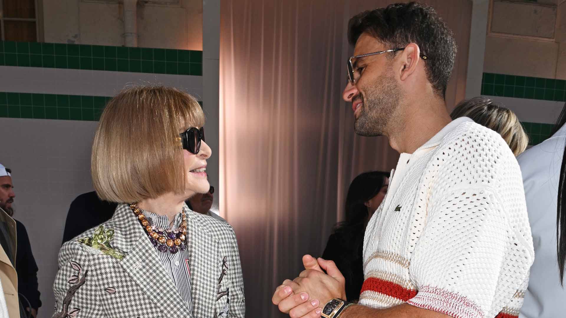 Anna Wintour and <a href='https://www.atptour.com/en/players/grigor-dimitrov/d875/overview'>Grigor Dimitrov</a> at the Lacoste Spring-Summer 26 Runway Show during Paris Fashion Week.