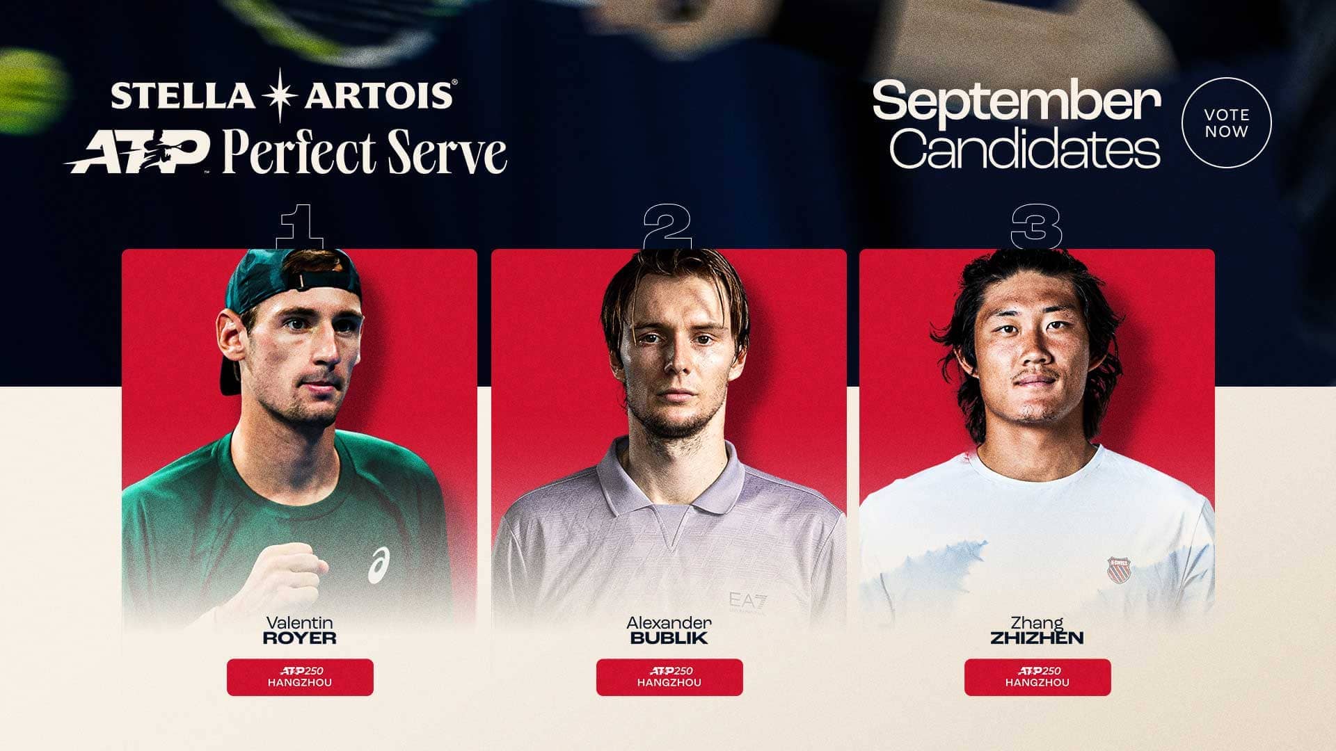 Valentin Royer, Alexander Bublik and Zhang Zhizhen have been nominated for September's ATP Perfect Serve, brought to you by Stella Artois.