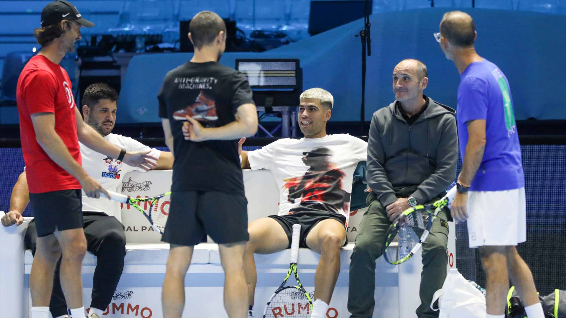 <a href='https://www.atptour.com/en/players/carlos-alcaraz/a0e2/overview'>Carlos Alcaraz</a> with his team at the <a href='https://www.atptour.com/en/tournaments/nitto-atp-finals/605/overview'>Nitto ATP Finals</a> in Turin, Italy.