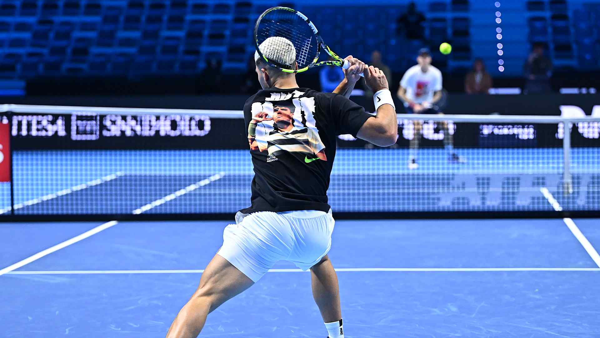 <a href='https://www.atptour.com/en/players/carlos-alcaraz/a0e2/overview'>Carlos Alcaraz</a> and <a href='https://www.atptour.com/en/players/jannik-sinner/s0ag/overview'>Jannik Sinner</a> in Turin on Friday.