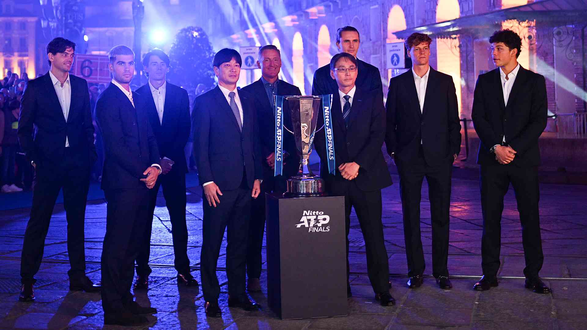 Players pose with the <a href='https://www.atptour.com/en/tournaments/nitto-atp-finals/605/overview'>Nitto ATP Finals</a> Trophy.