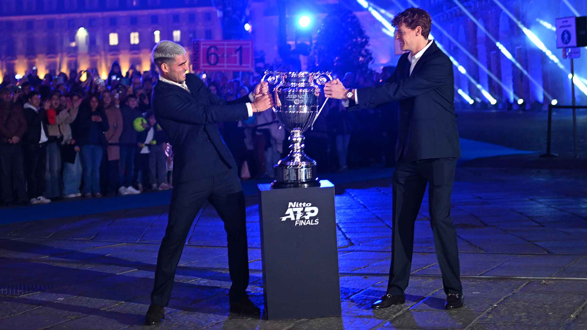 <a href='https://www.atptour.com/en/players/carlos-alcaraz/a0e2/overview'>Carlos Alcaraz</a> and <a href='https://www.atptour.com/en/players/jannik-sinner/s0ag/overview'>Jannik Sinner</a> on media day ahead of the <a href='https://www.atptour.com/en/tournaments/nitto-atp-finals/605/overview'>Nitto ATP Finals</a>.