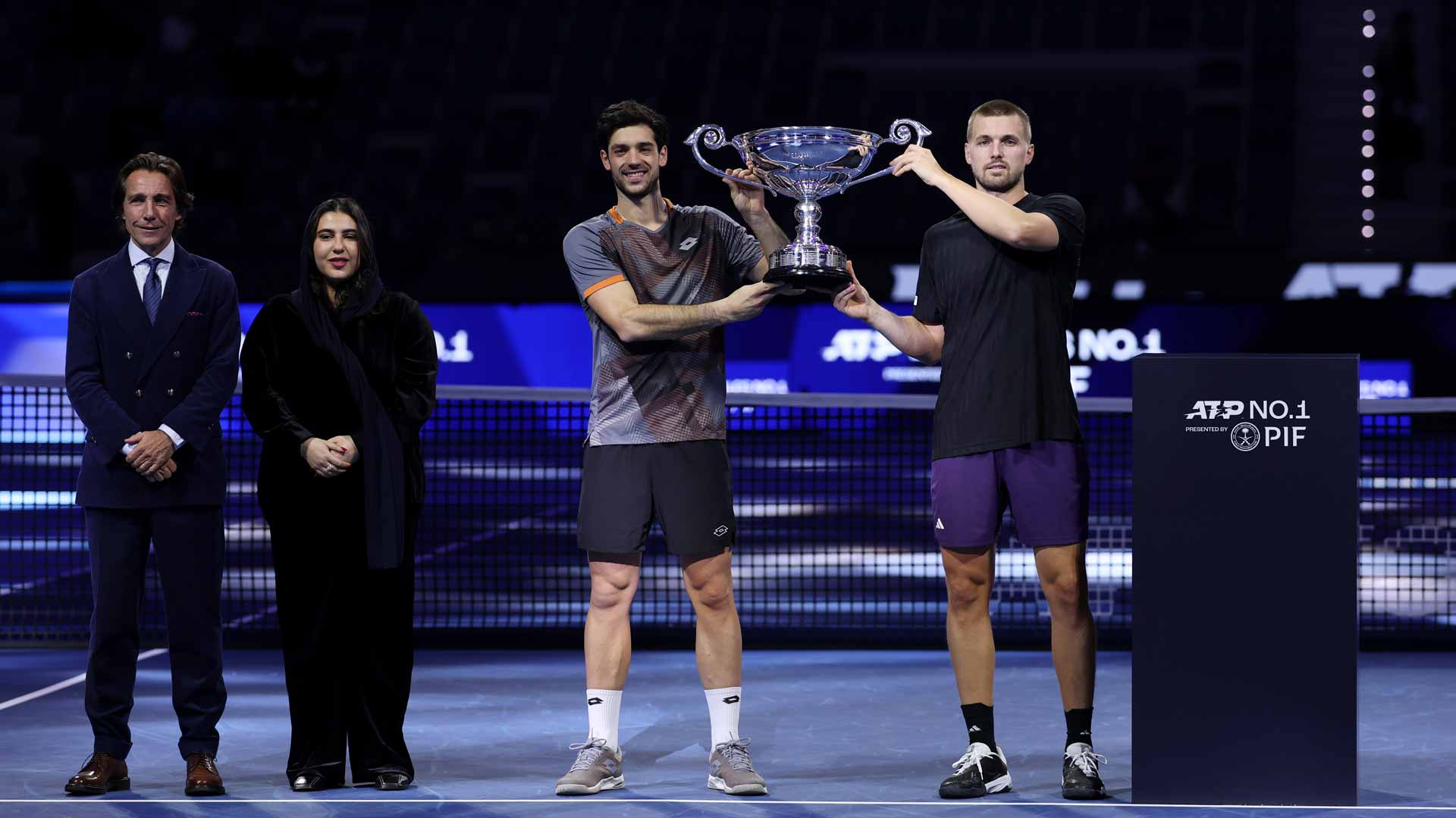 <a href='https://www.atptour.com/en/players/eno-polo/p216/overview'>Eno Polo</a>, ATP CEO, Nouf Albahli, Global Sports Partnerships, PIF, <a href='https://www.atptour.com/en/players/julian-cash/ci96/overview'>Julian Cash</a> and <a href='https://www.atptour.com/en/players/lloyd-glasspool/gd08/overview'>Lloyd Glasspool</a>.