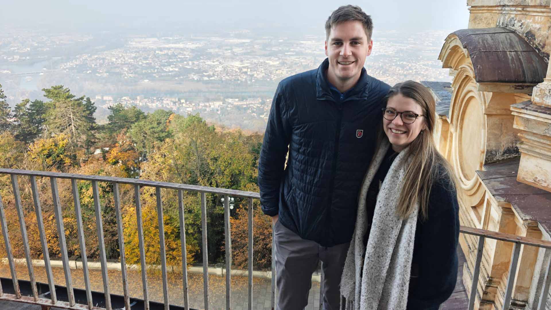Henry Patten and Ellie Stone at the Basilica di Superga in Turin.