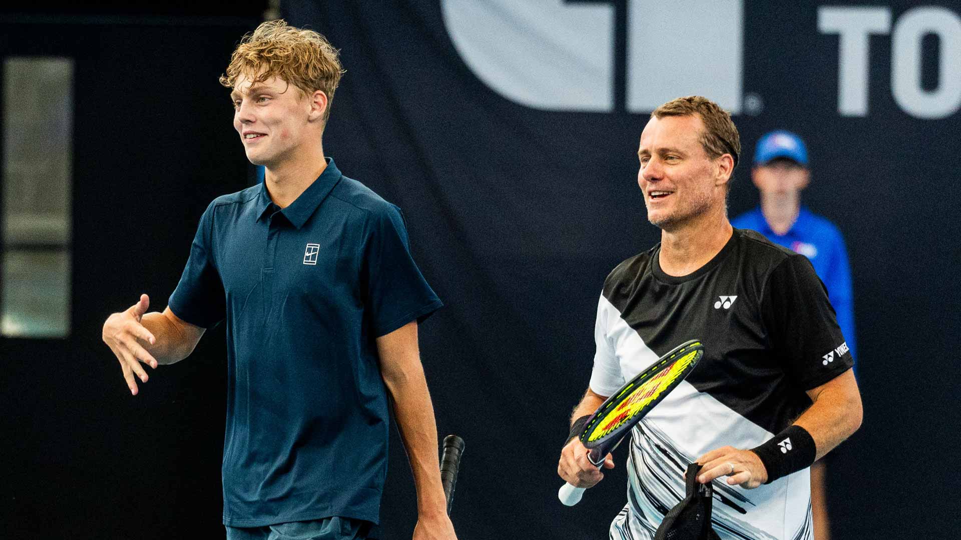 Cruz Hewitt and his father, former No. 1 Lleyton Hewitt at the Sydney Challenger.