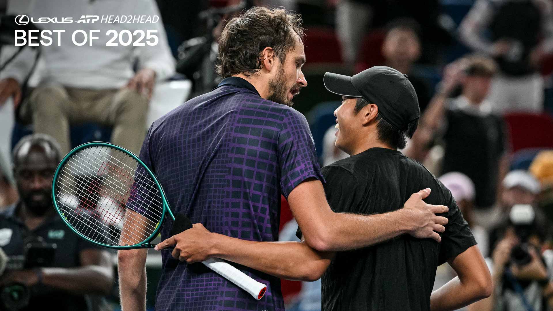 Daniil Medvedev and Learner Tien embrace after their Rolex Shanghai Masters clash in October.