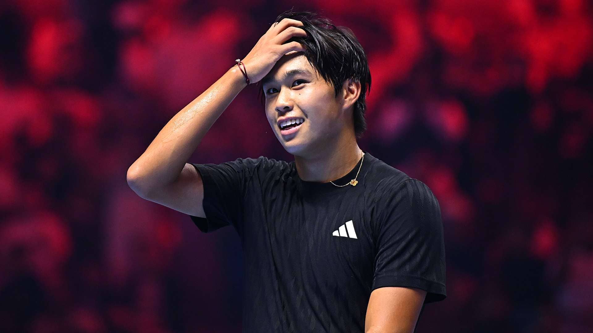 <a href='https://www.atptour.com/en/players/learner-tien/t0ha/overview'>Learner Tien</a> celebrates after winning the Jeddah title.