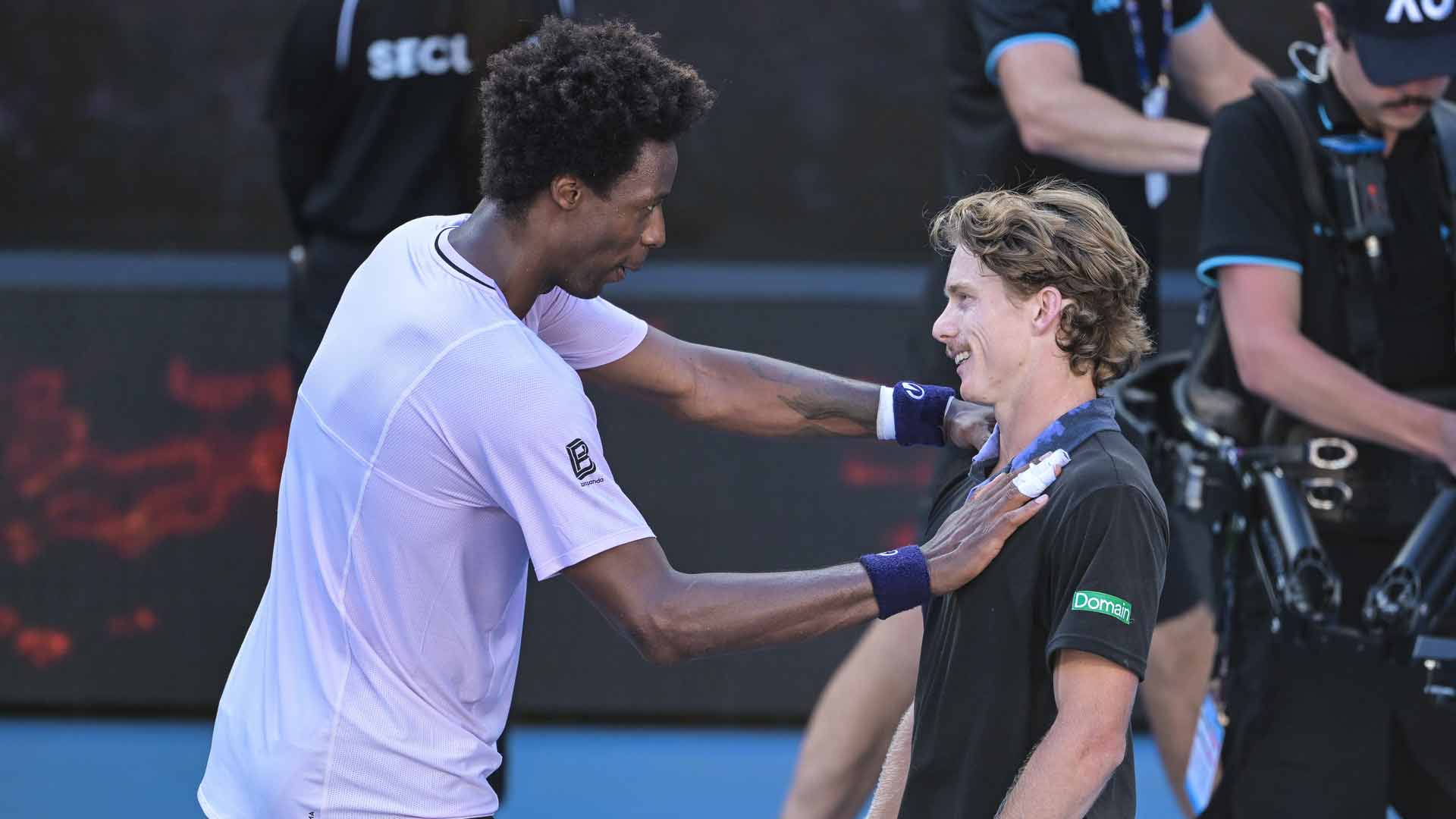 <a href='https://www.atptour.com/en/players/gael-monfils/mc65/overview'>Gael Monfils</a> congratulates <a href='https://www.atptour.com/en/players/dane-sweeny/s0ia/overview'>Dane Sweeny</a> on his win Tuesday at the <a href='https://www.atptour.com/en/tournaments/australian-open/580/overview'>Australian Open</a>.