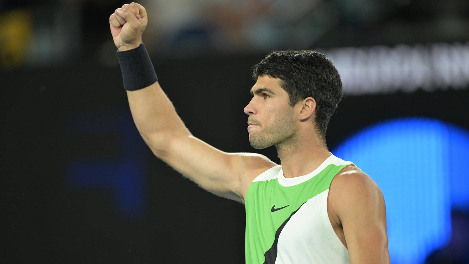 Carlos Alcaraz celebrates against Novak Djokovic on Sunday in the Australian Open final.