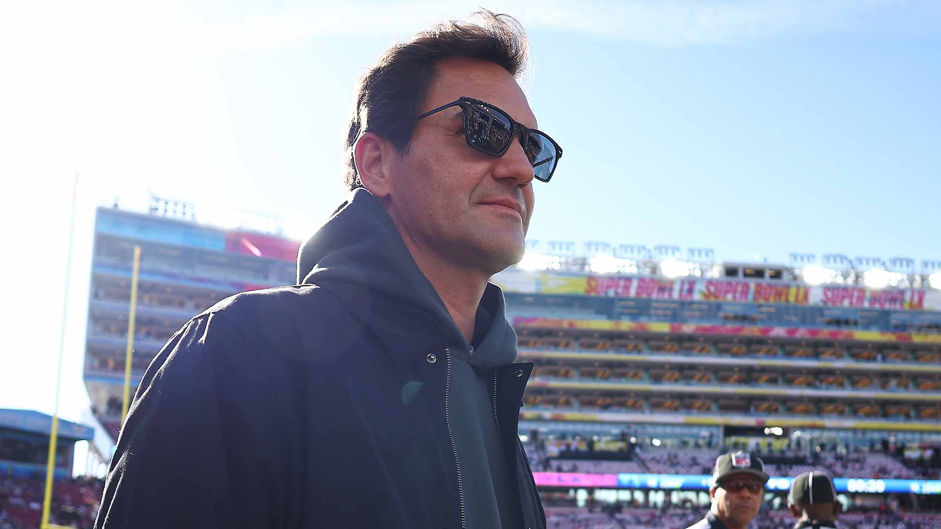 Roger Federer attends the Super Bowl on Sunday in San Francisco.