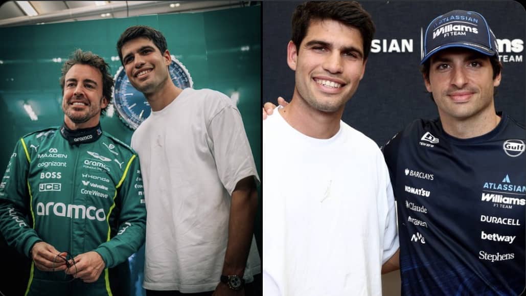 Carlos Alcaraz visita a Fernando Alonso y Carlos Sainz Jr. en el circuito de Sakhir (Baréin).