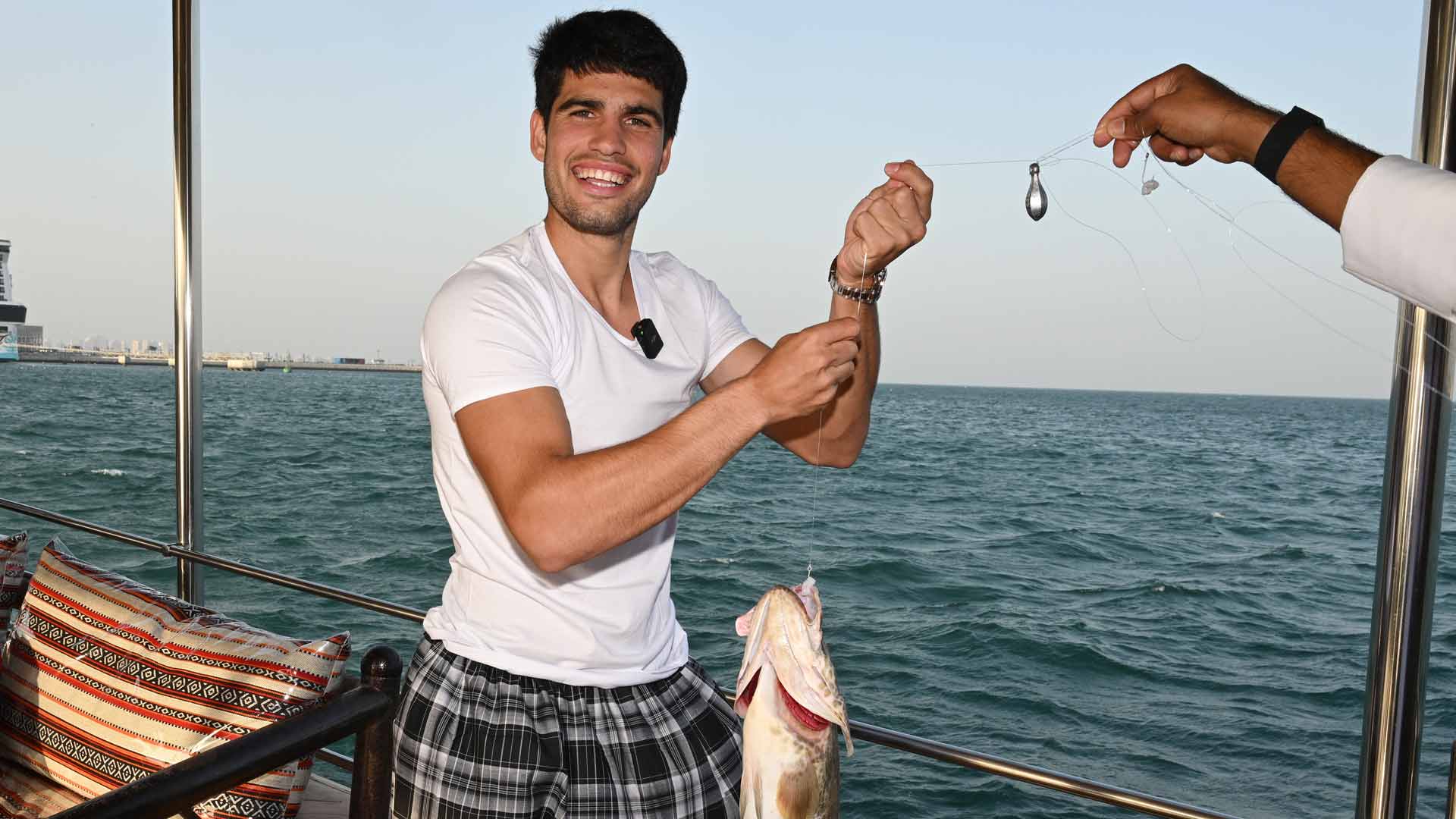 <a href='https://www.atptour.com/en/players/carlos-alcaraz/a0e2/overview'>Carlos Alcaraz</a> fishing in Doha Sunday.