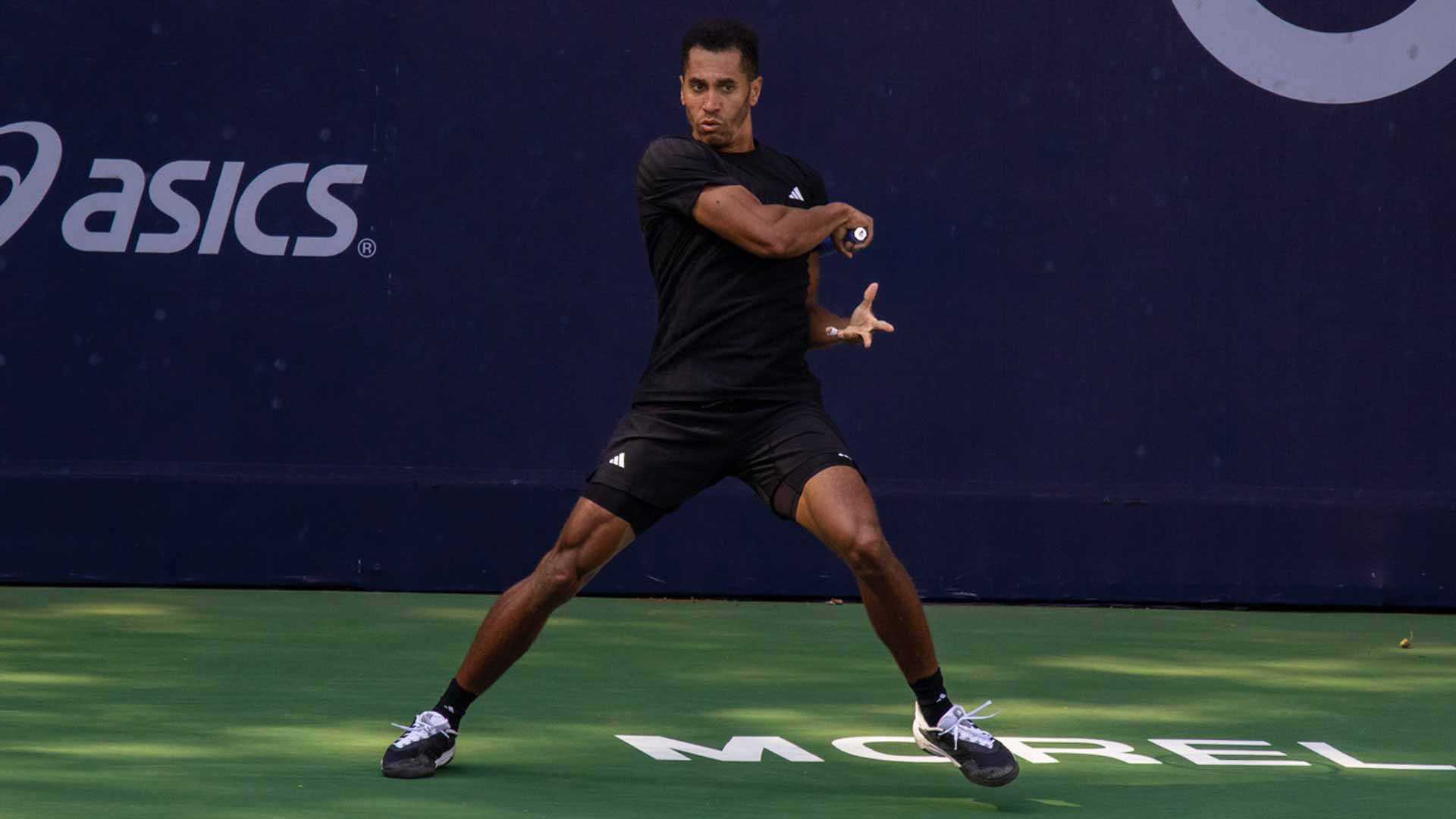 <a href='https://www.atptour.com/en/players/michael-mmoh/mp01/overview'>Michael Mmoh</a> in action at the <a href='https://www.atptour.com/en/scores/archive/morelos/6963/2026/results'>Morelos Open</a>.