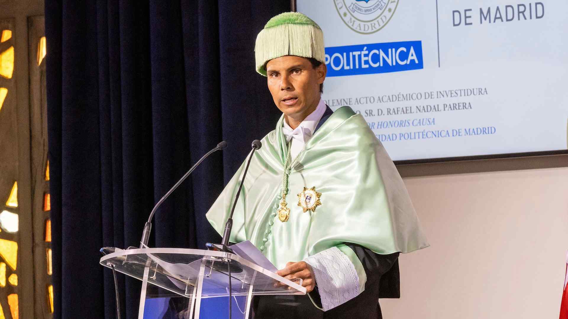 Rafael Nadal pronuncia un discurso en la Universidad Politécnica de Madrid.