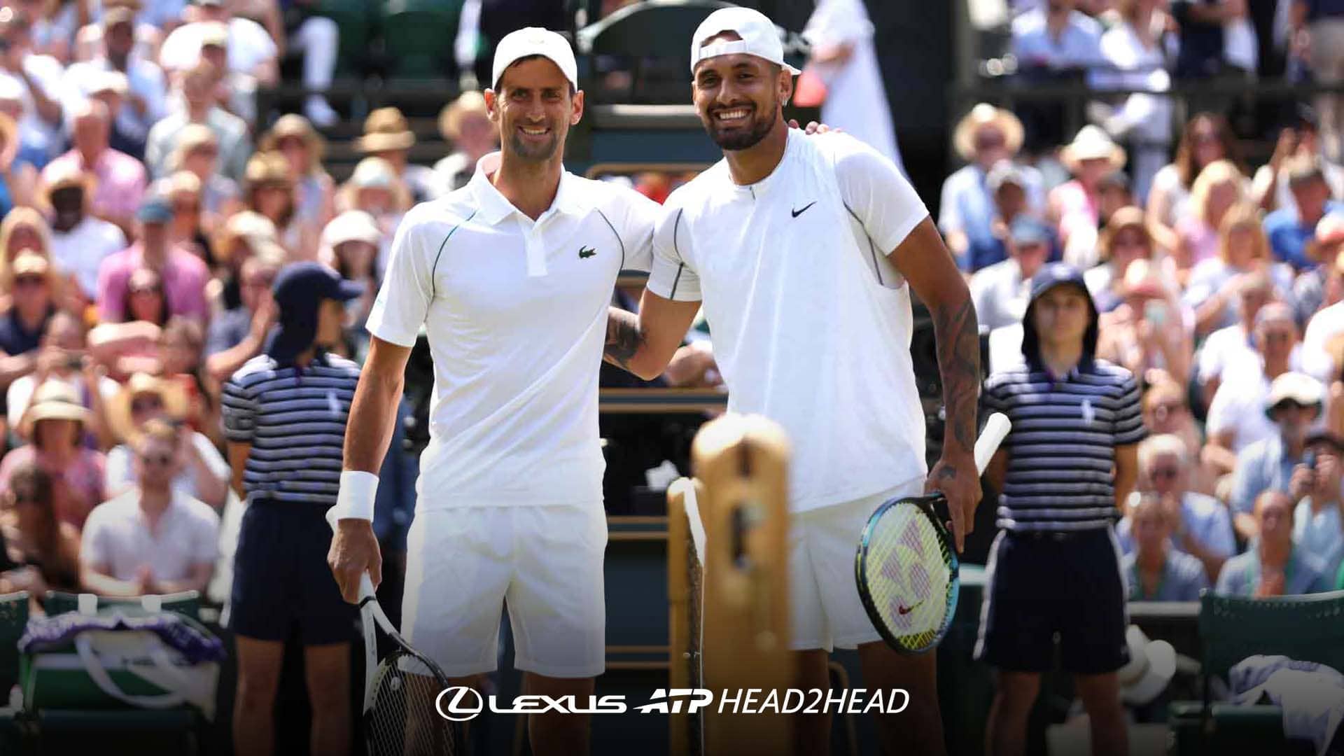Novak Djokovic and Nick Kyrgios embrace at the net ahead of the 2022 Wimbledon final.