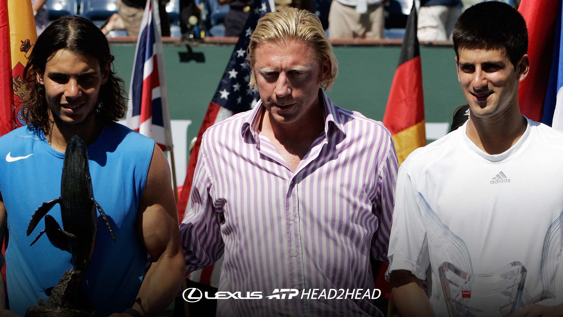 Rafael Nadal and Novak Djokovic with Boris Becker following the 2007 Indian Wells final.