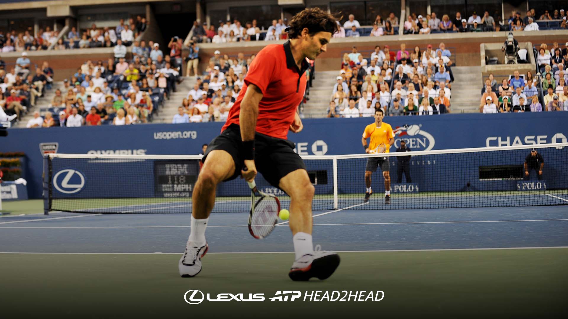 Roger Federer goes to the tweener in his win over Novak Djokovic in the 2009 US Open semi-finals.