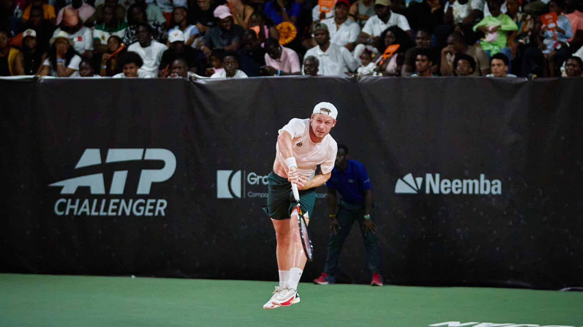 <a href='https://www.atptour.com/en/players/gauthier-onclin/o0a2/overview'>Gauthier Onclin</a> during Sunday's final Côte d'Ivoire, where there was a full crowd in attendance.