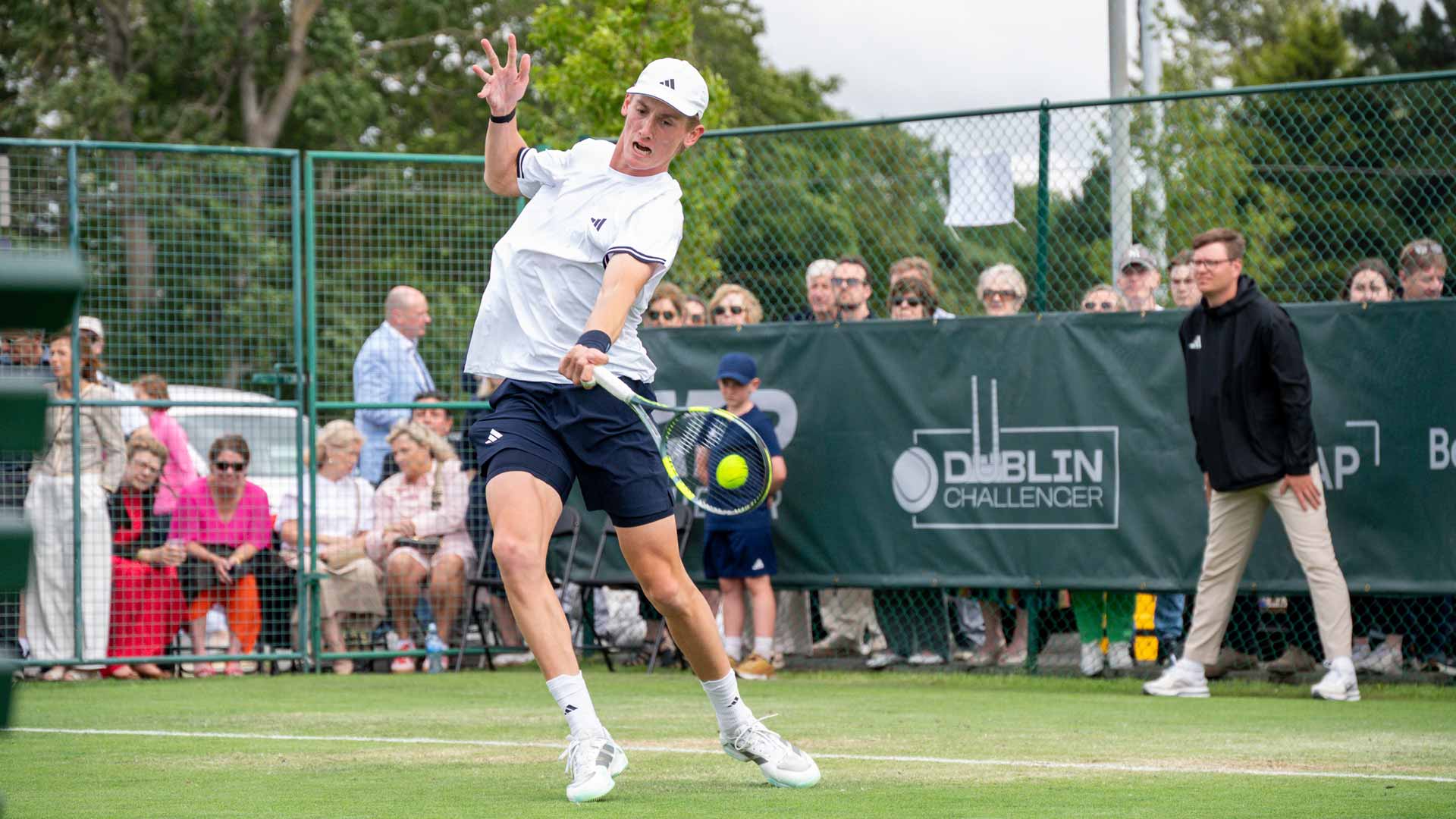 Henry Searle in action at the ATP Challenger 75 event in Dublin, Ireland, where he won the title.