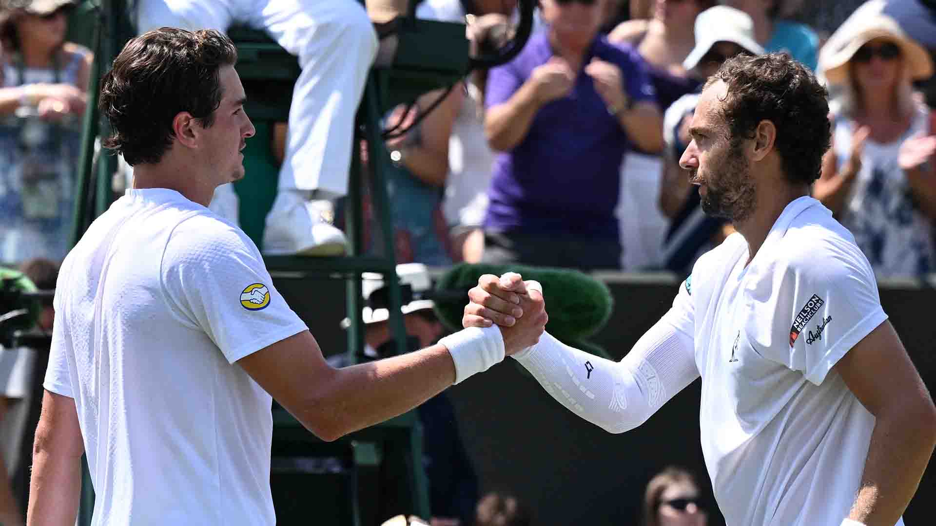 Roman Safiullin defeats Joao Fonseca in straight sets at Wimbledon on Friday. 