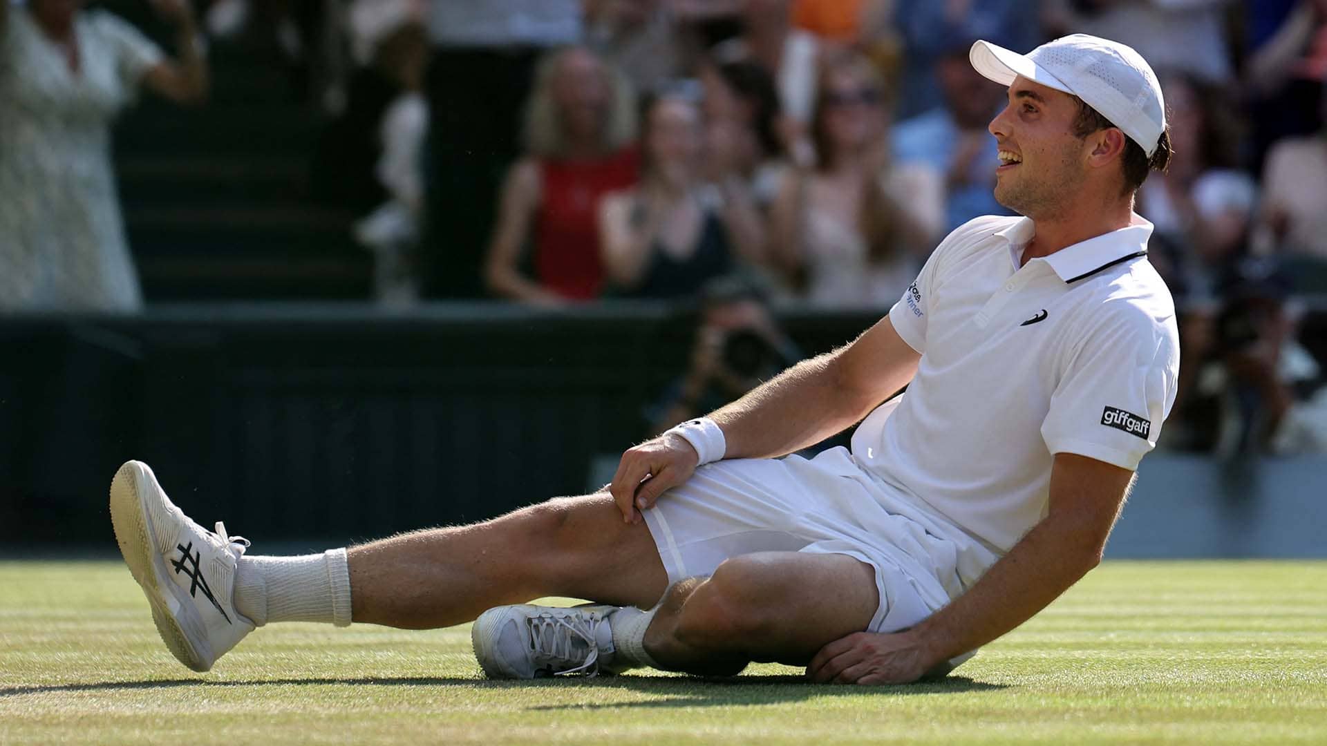 Arthur Fery celebrates after defeating Flavio Cobolli on Wednesday in the Wimbledon semi-finals.