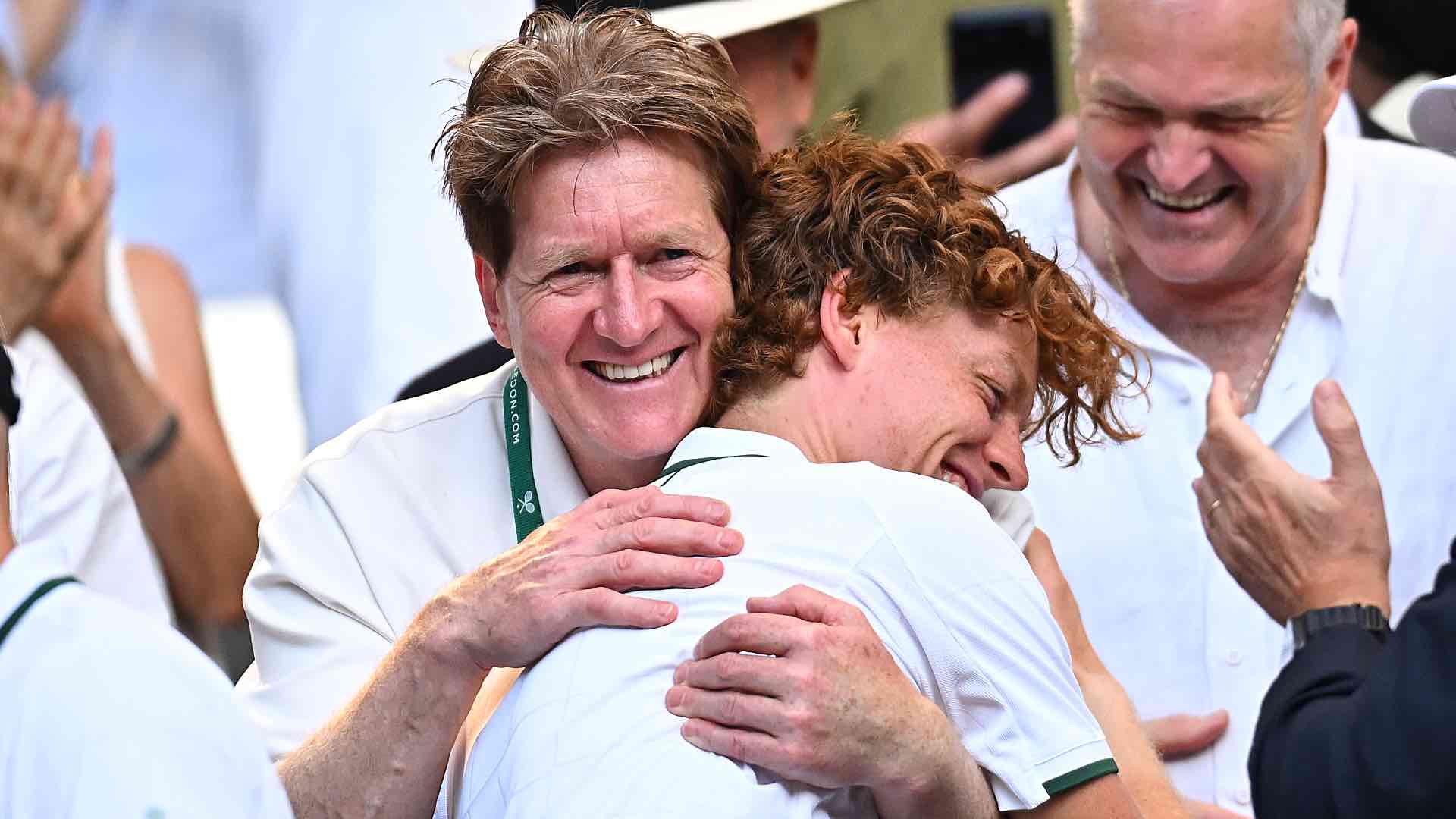 Jannik Sinner celebrates his Wimbledon title triumph with father Hanspeter Sinner. 