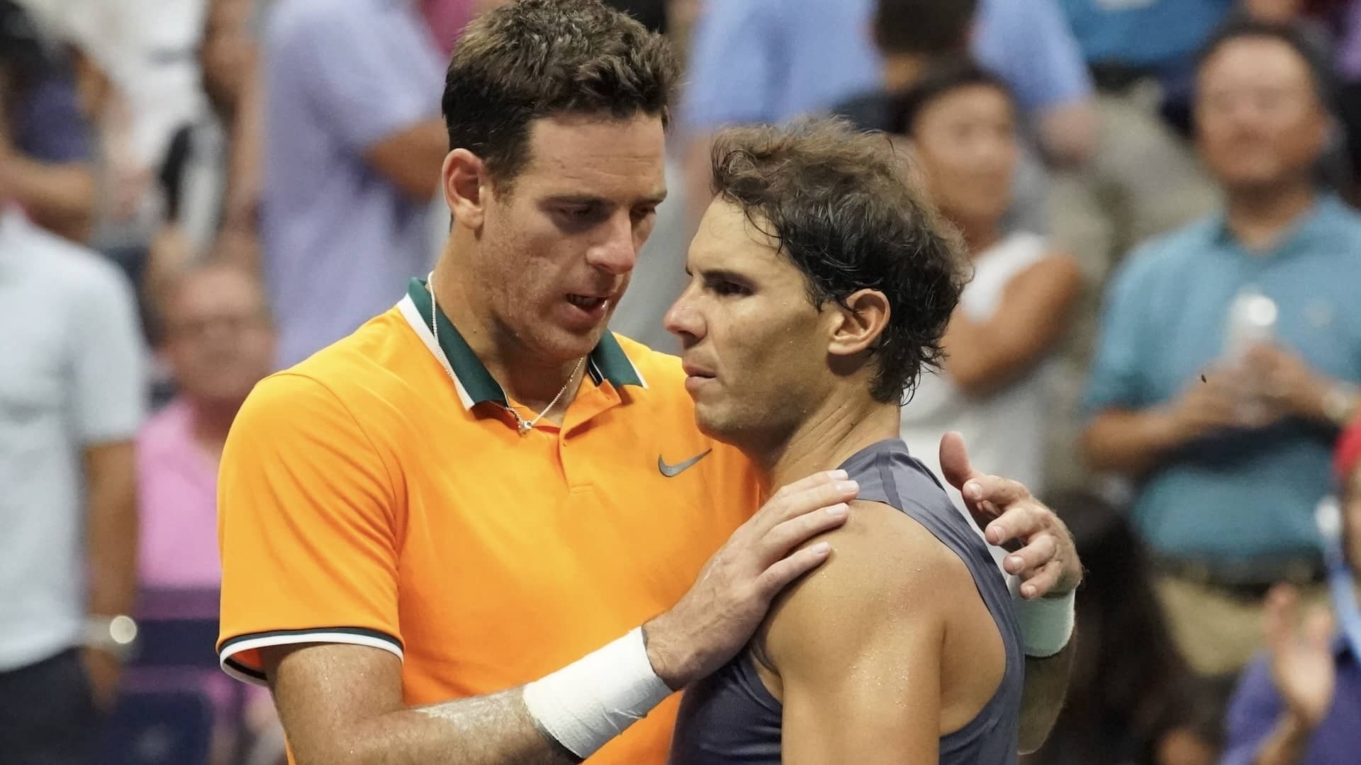 Juan Martín del Potro y Rafael Nadal se saludan tras su partido del US Open 2018.