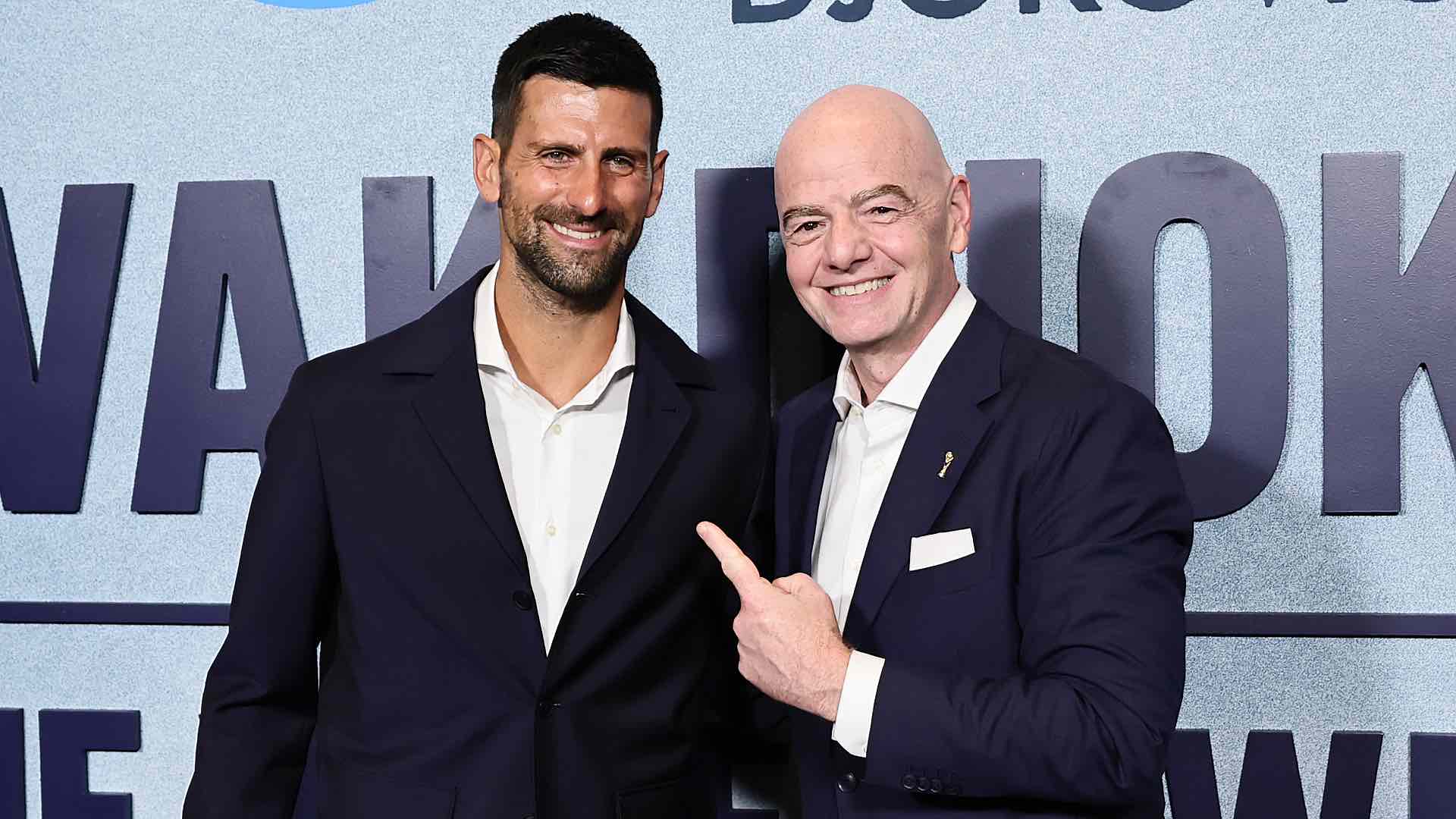 <a href='https://www.atptour.com/en/players/novak-djokovic/d643/overview'>Novak Djokovic</a> and Gianni Infantino at the premiere of the Serbian's documentary in New York City.