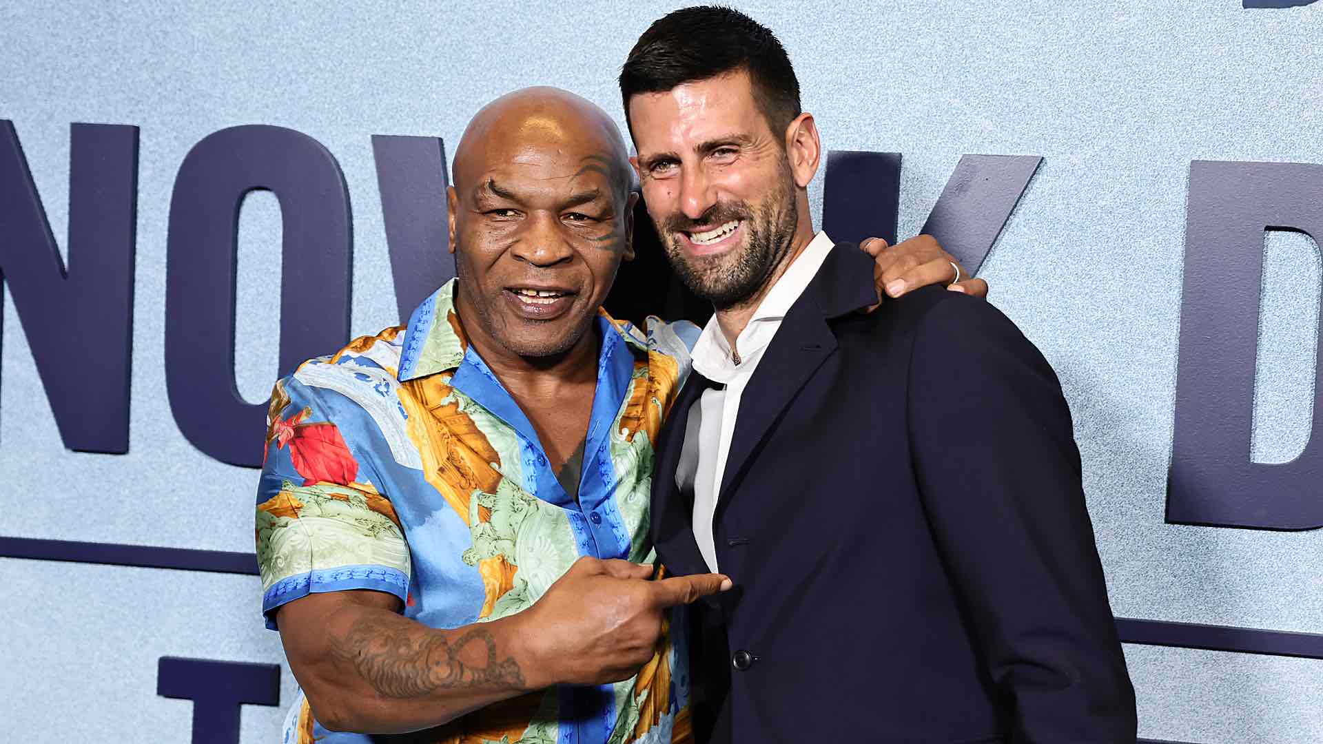 <a href='https://www.atptour.com/en/players/novak-djokovic/d643/overview'>Novak Djokovic</a> and Mike Tyson at the premiere of the Serbian's documentary in New York City.