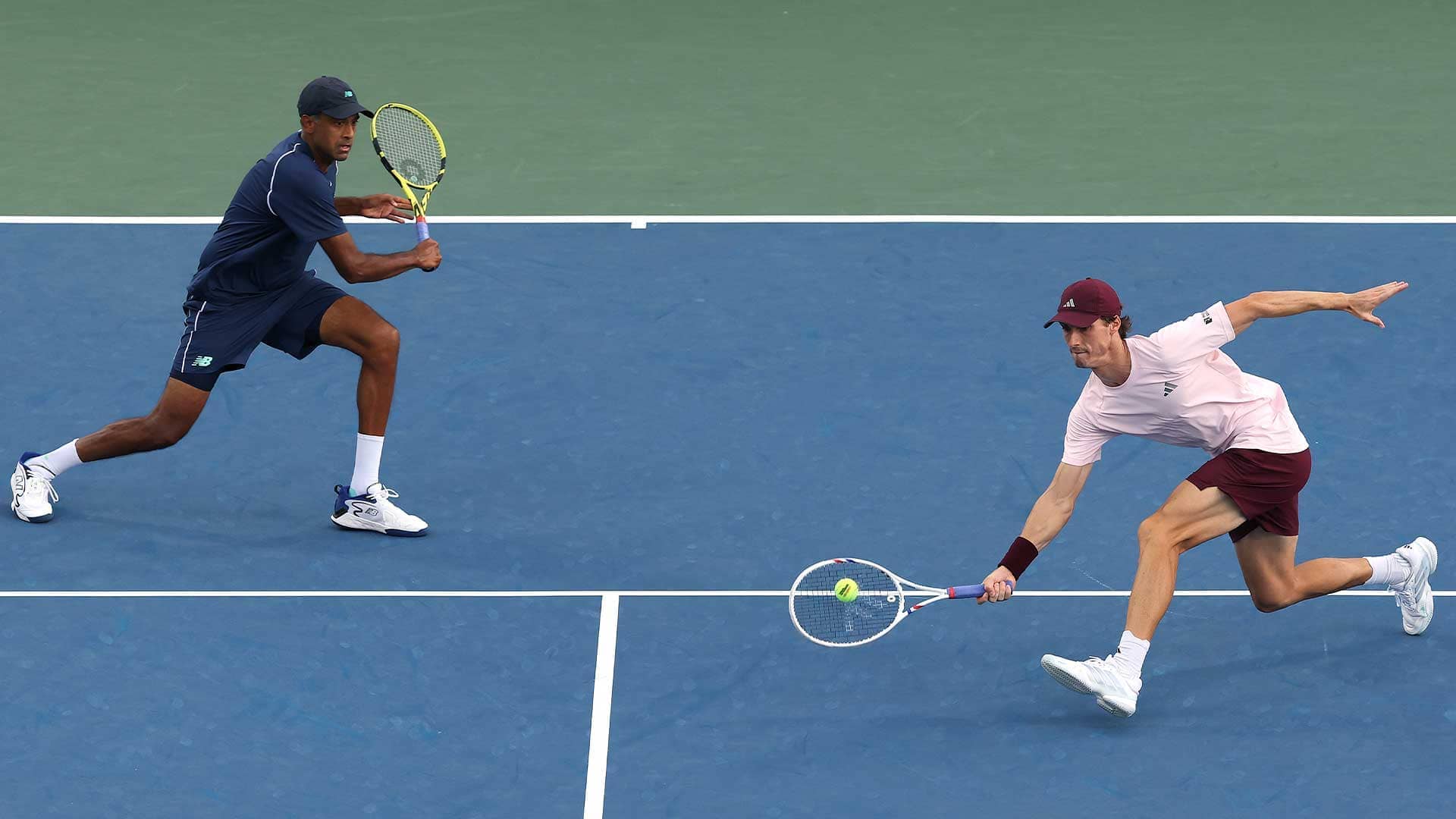<a href='https://www.atptour.com/en/players/rajeev-ram/r548/overview'>Rajeev Ram</a> and <a href='https://www.atptour.com/en/players/joe-salisbury/so70/overview'>Joe Salisbury</a> in action Tuesday at the <a href='https://www.atptour.com/en/tournaments/us-open/560/overview'>US Open</a>.