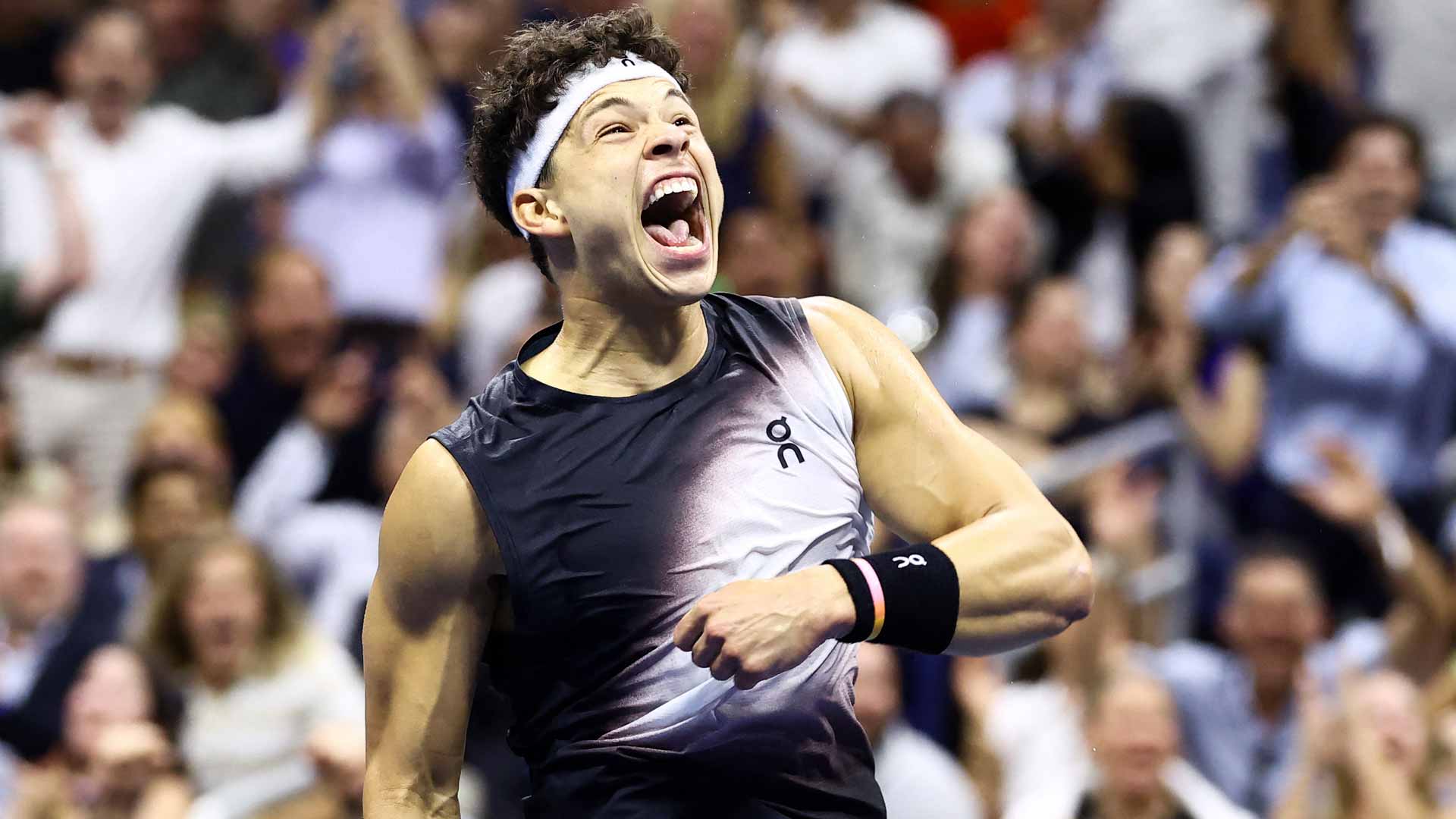 Ben Shelton celebrates during his five-set US Open quarter-final win against Carlos Alcaraz.
