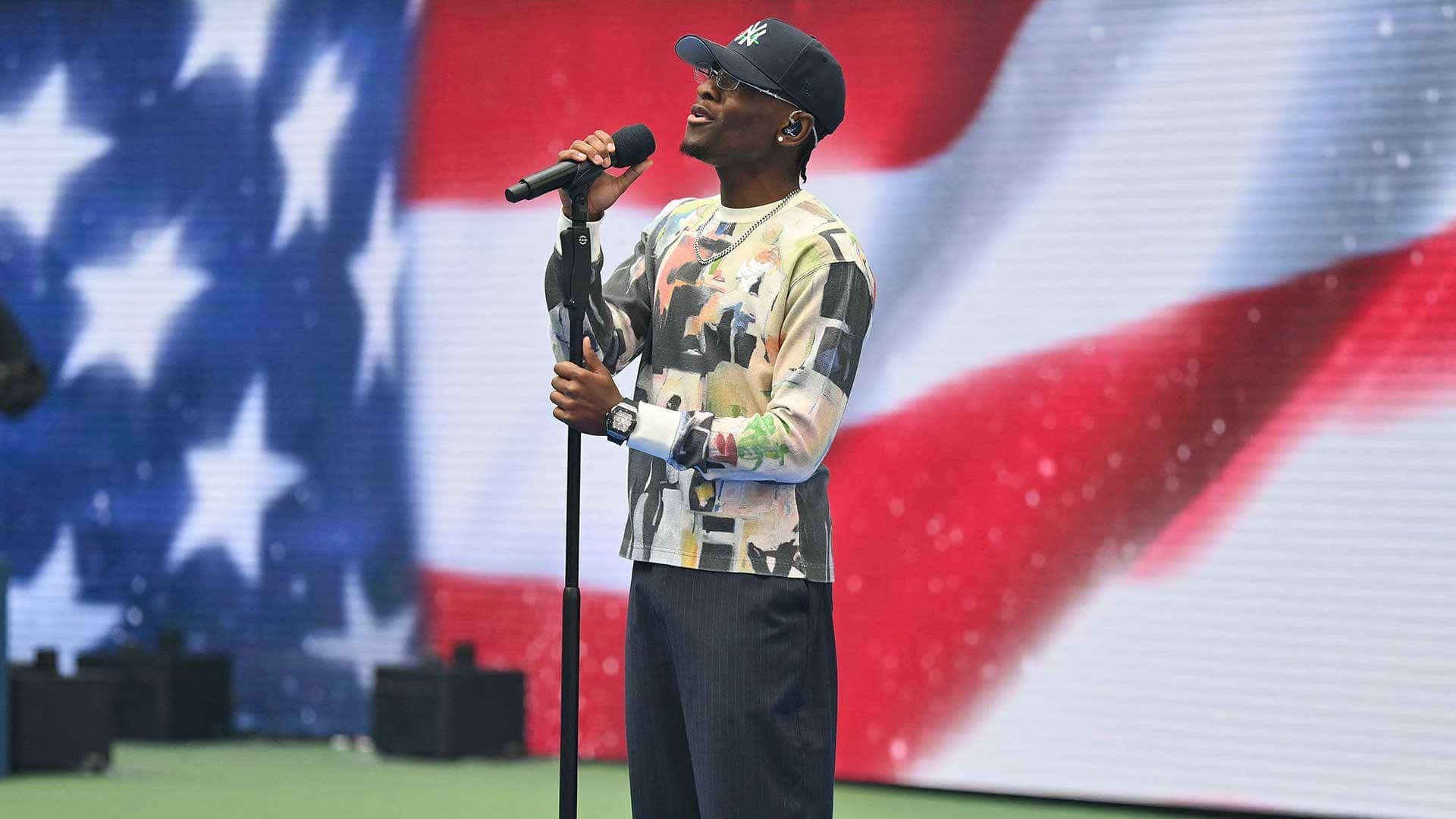 American actor and singer Miles Caton performing at the <a href='https://www.atptour.com/en/tournaments/us-open/560/overview'>US Open</a> final Sunday.