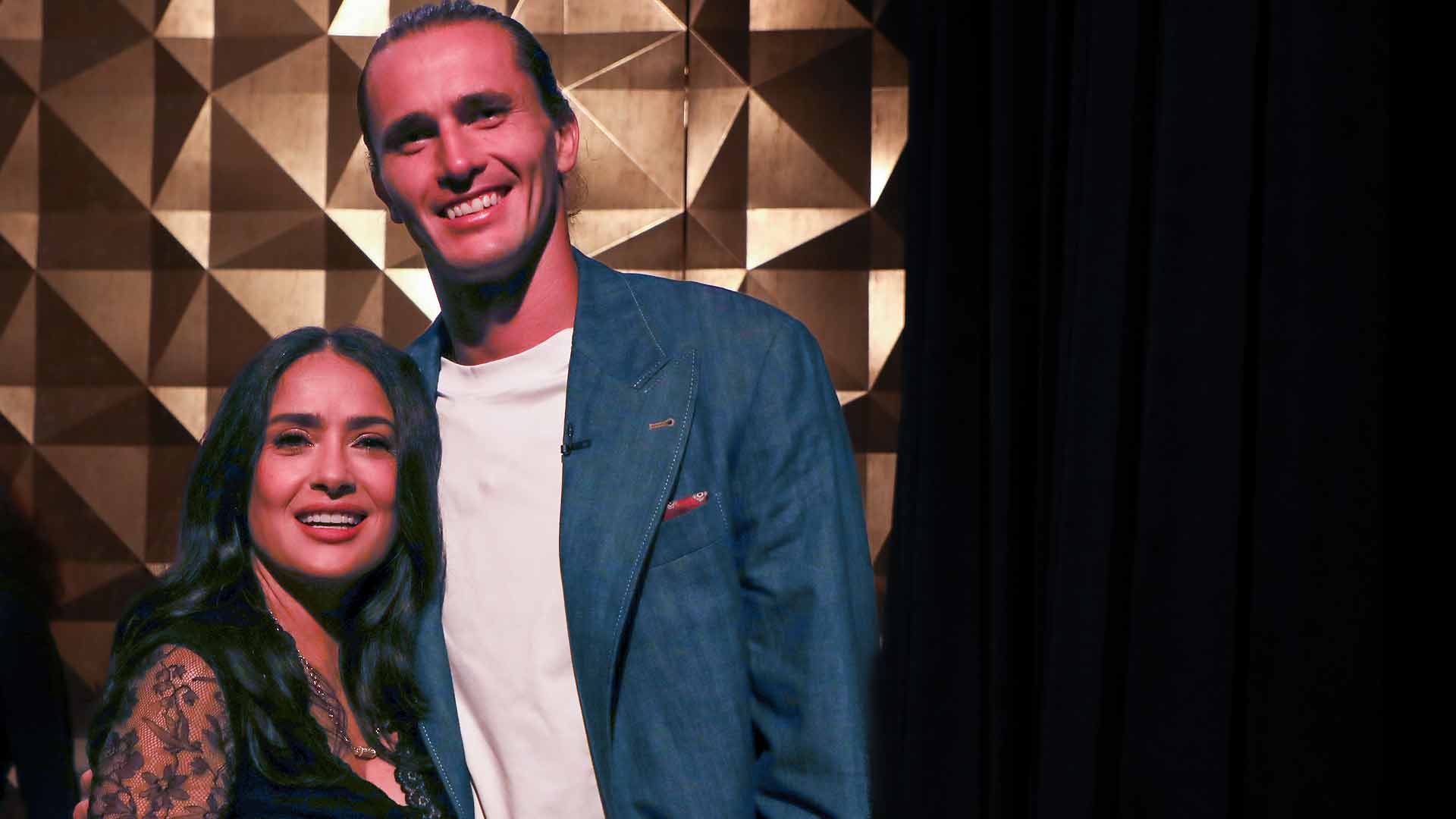 Actress Salma Hayek with <a href='https://www.atptour.com/en/players/alexander-zverev/z355/overview'>Alexander Zverev</a> in New York.