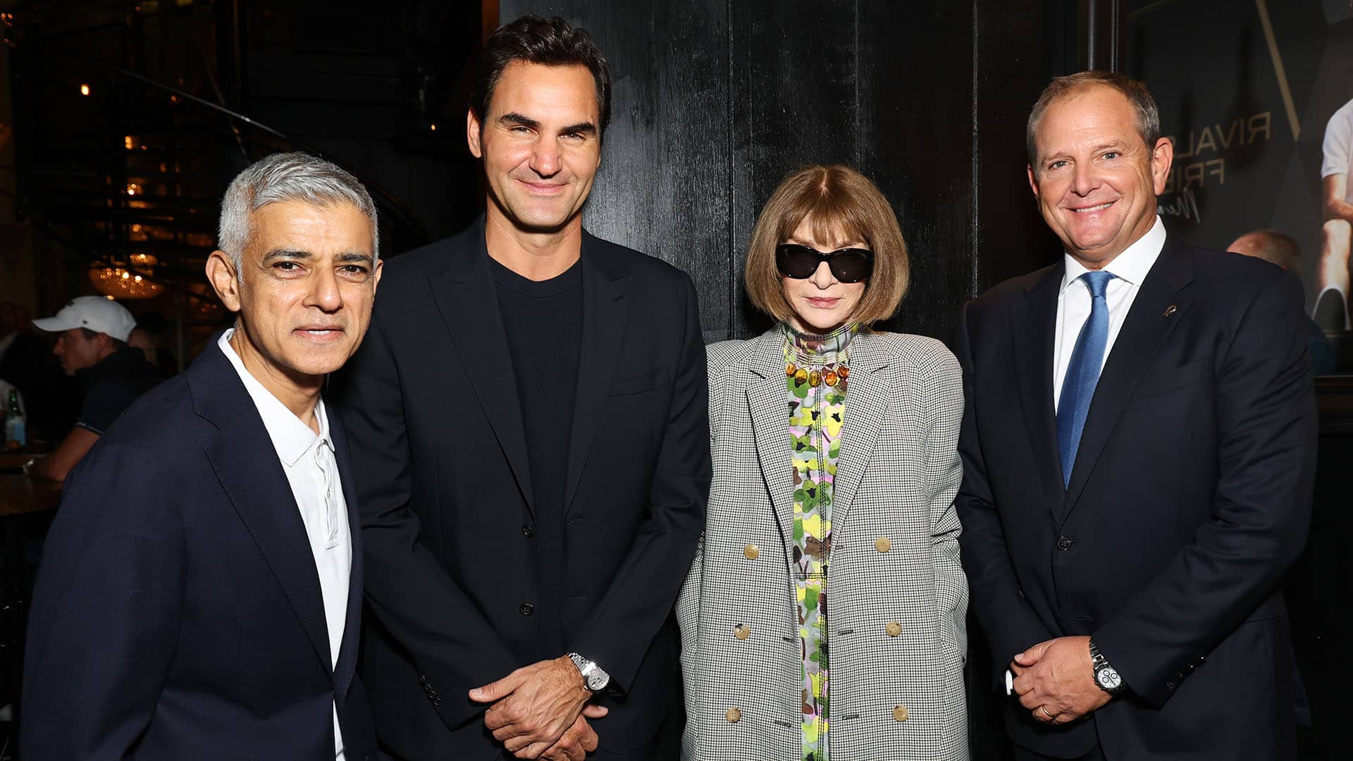 From left to right: Mayor of London Sadiq Khan, <a href='https://www.atptour.com/en/players/roger-federer/f324/overview'>Roger Federer</a>, Anna Wintour and Tony Godsick.