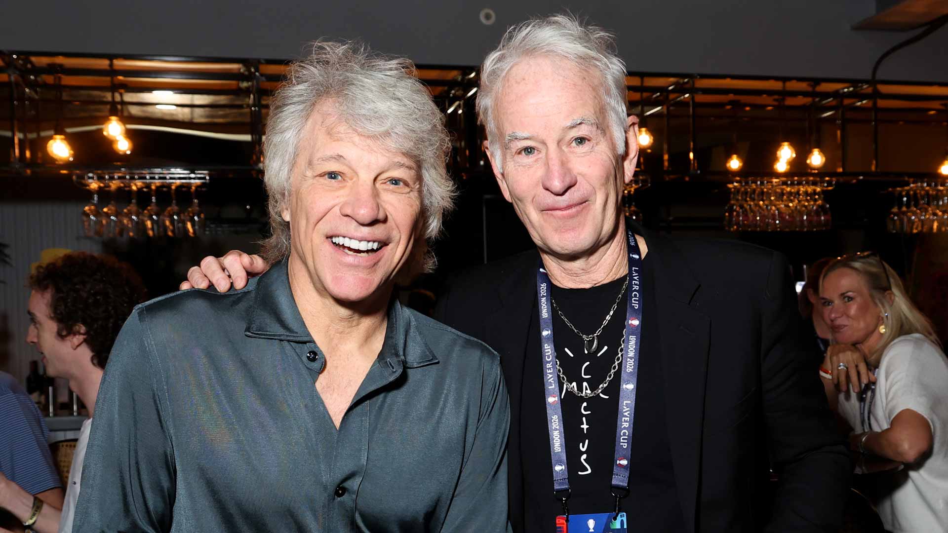 Jon Bon Jovi and former Team World captain <a href='https://www.atptour.com/en/players/john-mcenroe/m047/overview'>John McEnroe</a> at the <a href='https://www.atptour.com/en/tournaments/laver-cup/9210/overview'>Laver Cup</a>.