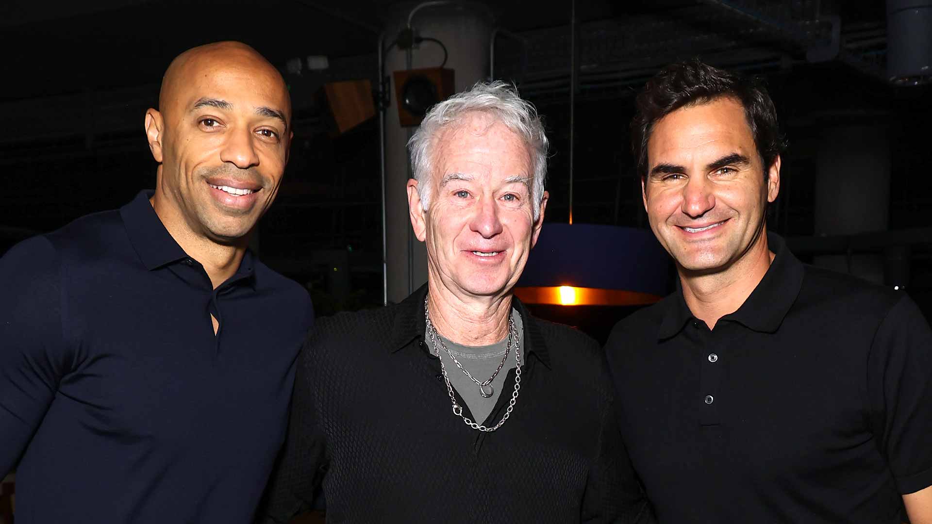 Football legend Thierry Henry and ATP No. 1 Club members <a href='https://www.atptour.com/en/players/john-mcenroe/m047/overview'>John McEnroe</a> and <a href='https://www.atptour.com/en/players/roger-federer/f324/overview'>Roger Federer</a> at the <a href='https://www.atptour.com/en/tournaments/laver-cup/9210/overview'>Laver Cup</a>.