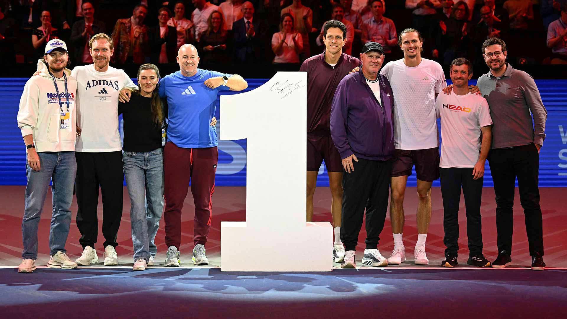 <a href='https://www.atptour.com/en/players/alexander-zverev/z355/overview'>Alexander Zverev</a> celebrates his upcoming ascension to World No. 1 on Thursday in Vienna with his team.